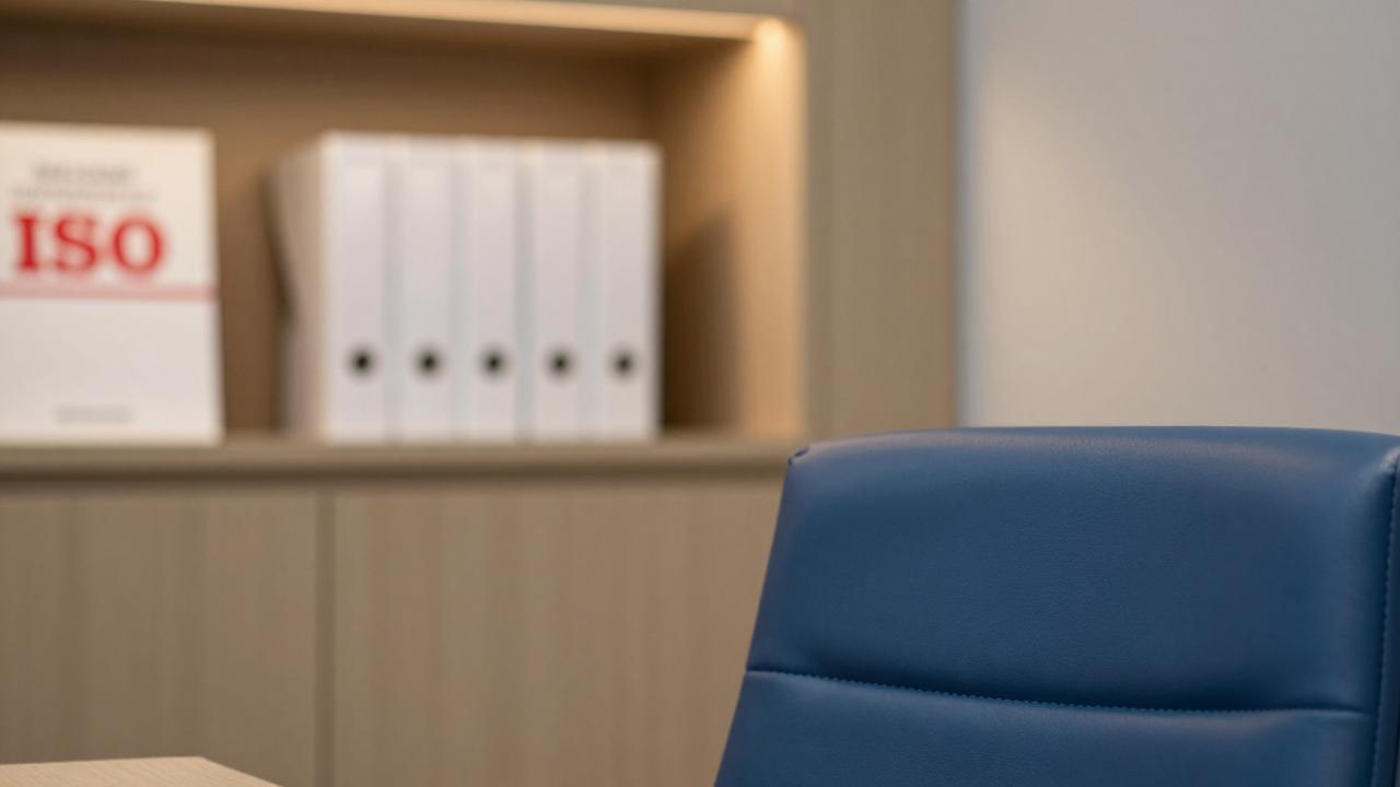 Büro mit ISO-Ordnern im Regal und einem blauen Besprechungsstuhl